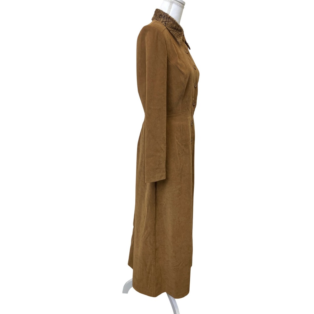 VTG Liz Claiborne Faux Suede Maxi Dress 10 Tan Brown Leopard Faux Fur Collar - Picture 2 of 16